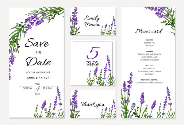 Düğün çiçek davetiyesi lavanta ile ayarlayın. Menü kartı, tarih ve masa kartları, modern düzen kaydedin.