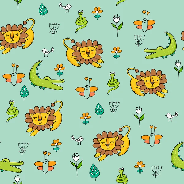 Tropikal hayvanlar ve çiçekler ile Sevimli sorunsuz desen.