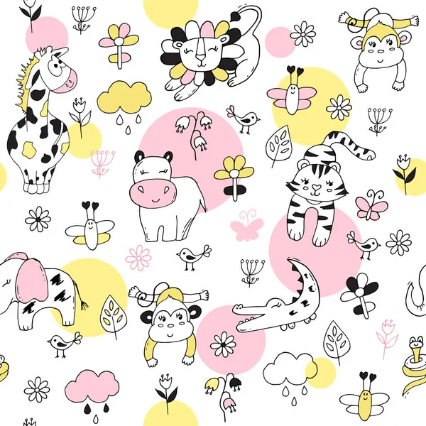 Pembe arka plan üzerinde tropikal hayvanlar ile Sevimli sorunsuz desen.