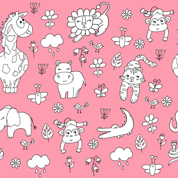 Leuke naadloze patroon met tropische dieren op roze achtergrond. — Stockvector
