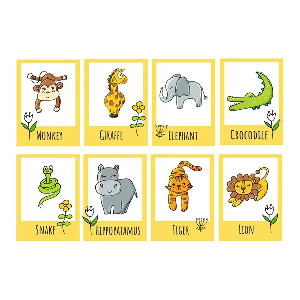 Crianças bonitos flashcards educacionais tropicais com animais safári . —  Vetores de Stock