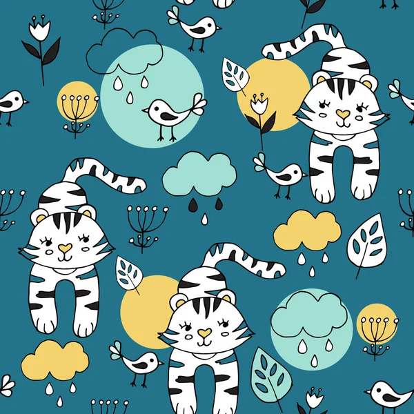 Mavi arka plan üzerinde tropikal hayvanlar ile Sevimli sorunsuz desen. Ormanda kaplan ve kuşlar.