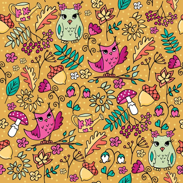 Cute autumn forest seamless pattern with owls. — Stock Vector