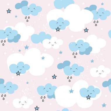 Pembe arka plan üzerinde karikatür bulutlar ve yıldızlar ile Sevimli sorunsuz desen.