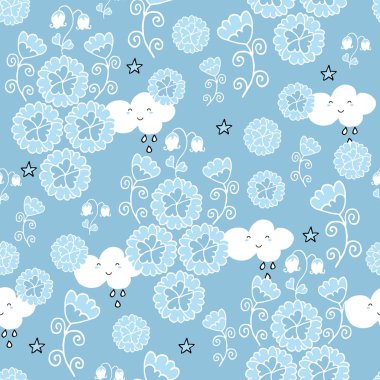 Bebek mavisi arka plan üzerinde çiçek ve baykuş ile Sevimli sorunsuz desen.