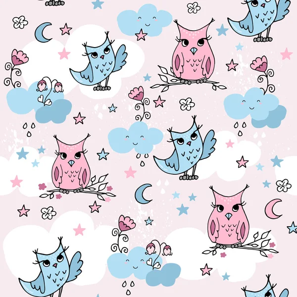 Karikatür bulutlar amd baykuşlar ile sevimli sorunsuz desen.