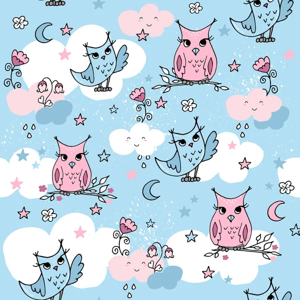 Mavi arka plan üzerinde karikatür bulutlar ve baykuşlar ile Sevimli sorunsuz desen.