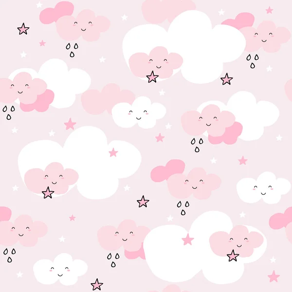 Mignon motif sans couture avec des nuages de dessin animé et des étoiles sur fond rose . — Image vectorielle