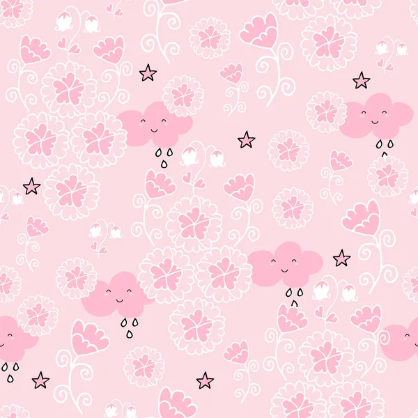 Mignon motif sans couture avec des fleurs et des hiboux sur fond rose bébé . — Image vectorielle