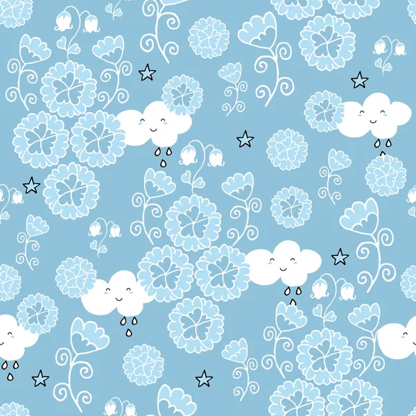 Bebek mavisi arka plan üzerinde çiçek ve baykuş ile Sevimli sorunsuz desen.