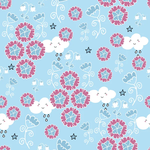 Χαριτωμένο απρόσκοπτη μοτίβο με λουλούδια και κουκουβάγιες σε μωρό μπλε φόντο. — Διανυσματικό Αρχείο