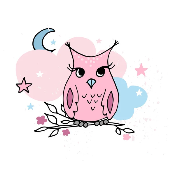Cute Little Owls siedzi na drzewie. Pastel przedszkole plakat lub karta. — Wektor stockowy