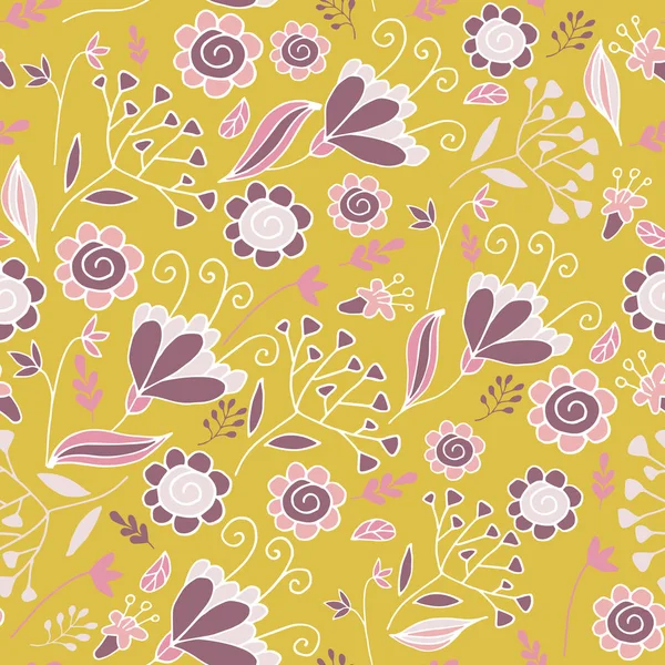 Κομψό ενιαίο μοτίβο με λουλούδια σε ροζ και μουστάρδα. — Διανυσματικό Αρχείο