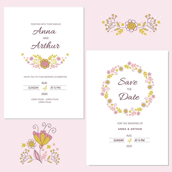 Wedding floral invitation set with floral wreath. — Stock Vector