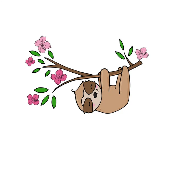 Daldan sarkan sevimli komik bir bebek tembel lik el çizilmiş vektör illüstrasyon.