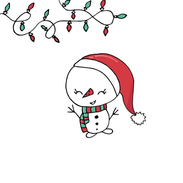 Feliz Navidad tarjeta de felicitación plantilla con muñeco de nieve lindo sobre fondo blanco aislado . — Vector de stock