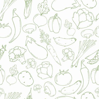 Sebze ile el çizilmiş dikişsiz desen. Büyük sebze koleksiyonu.