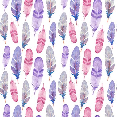 İzole suluboya tüyleri ile dikişsiz desen. El boyaması renkli tüyler.