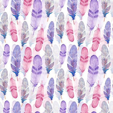 İzole suluboya tüyleri ile dikişsiz desen. El boyaması renkli tüyler.