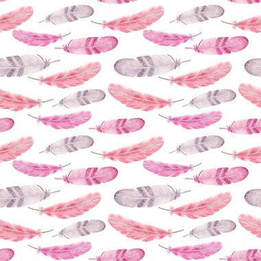 İzole suluboya tüyleri ile dikişsiz desen. El boyaması renkli tüyler.