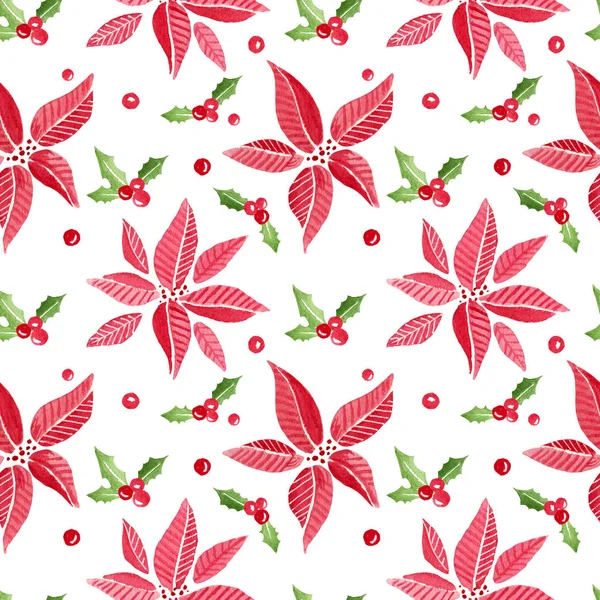 Farklı yaprakları, holly ve çilek ile suluboya dikişsiz tatil deseni. Noel tekrarlanan vintage arka plan.