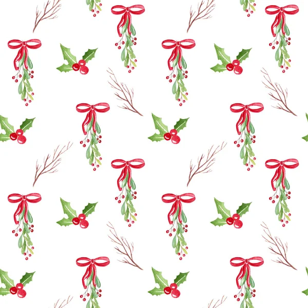 Farklı yaprakları, holly ve çilek ile suluboya dikişsiz tatil deseni. Noel tekrarlanan vintage arka plan.