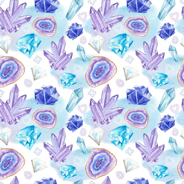 Seamless pattern with bright hand painted watercolor crystals and gems. — Stock Photo, Image