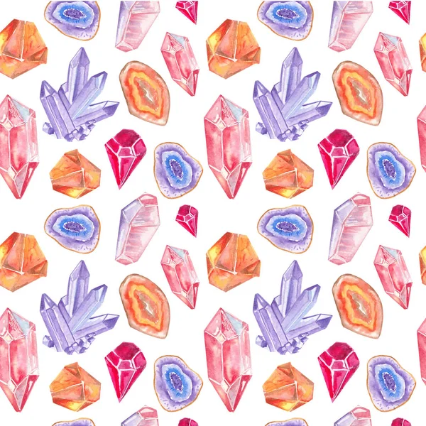 Seamless pattern with bright hand painted watercolor crystals and gems. — Stock Photo, Image