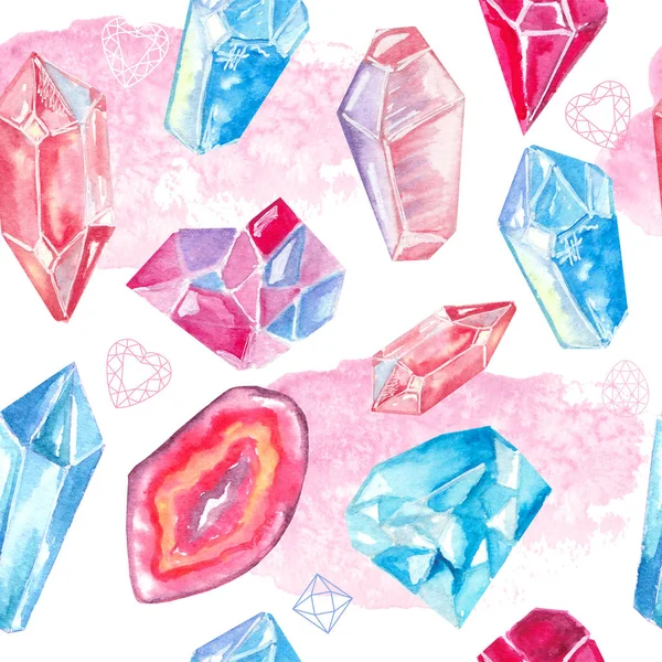Patrón sin costuras con brillantes cristales de acuarela pintados a mano y gemas . —  Fotos de Stock