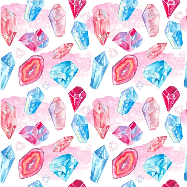Seamless pattern with bright hand painted watercolor crystals and gems. — Stock Photo, Image