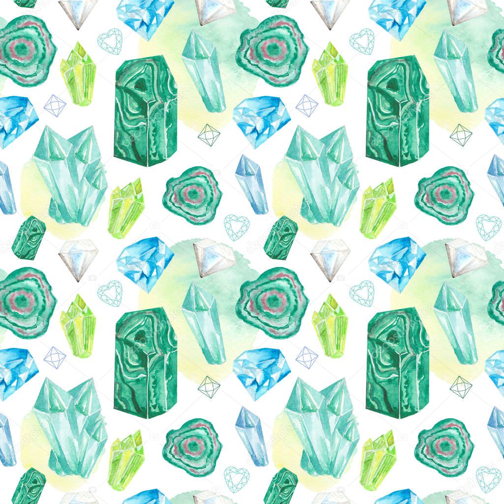 Seamless pattern with bright hand painted watercolor crystals and gems.