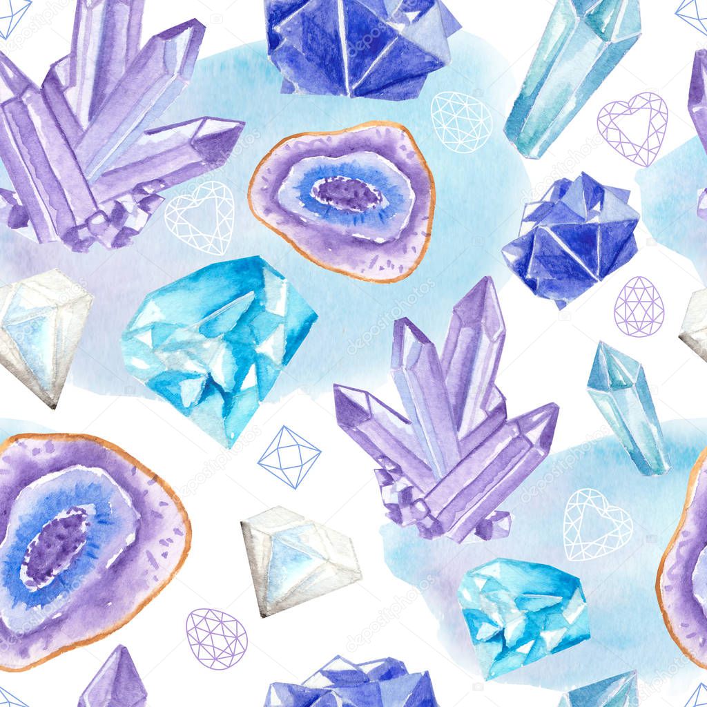 Seamless pattern with bright hand painted watercolor crystals and gems.