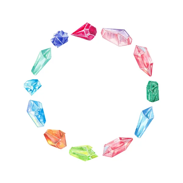 Suluboya renkli kristaller ve daire içinde taşlar.