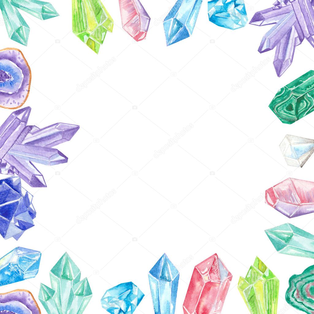 Watercolor colorful crystals and gems frame with white background.