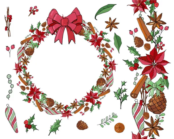 Set con objetos navideños - flores, especias y decoración . — Vector de stock