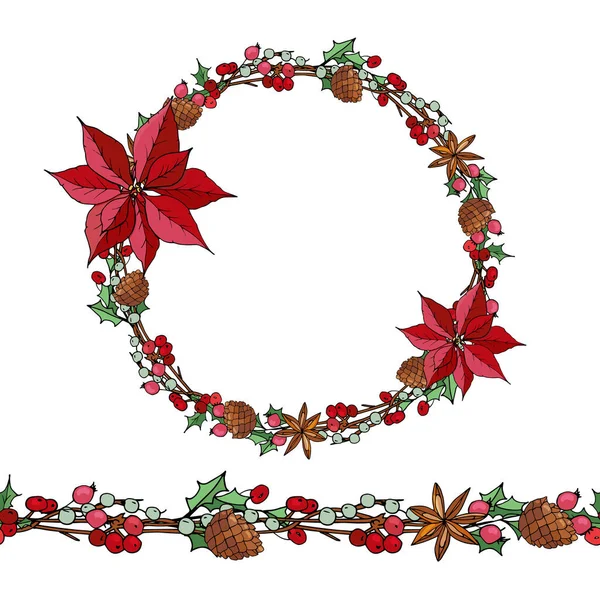 Pretty wreath with Christmas decoration. Round garland decorated with season festive elements. — Stock Vector