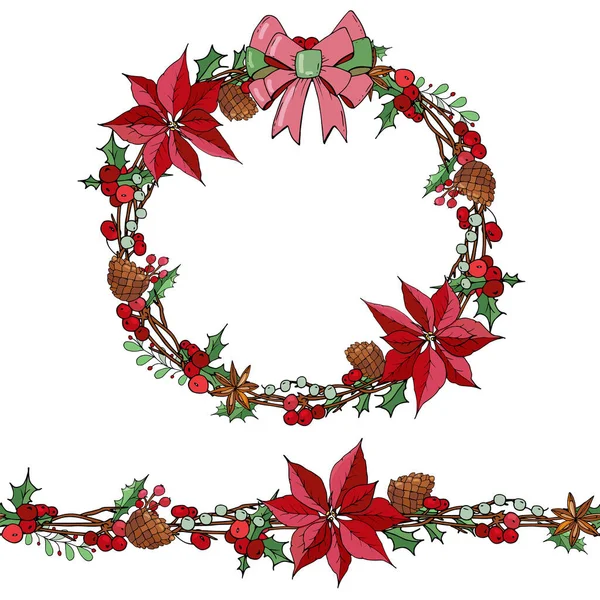 Szép koszorú karácsonyi dekorációval. Ünnepi elemekkel díszített kerek koszorú. — Stock Vector