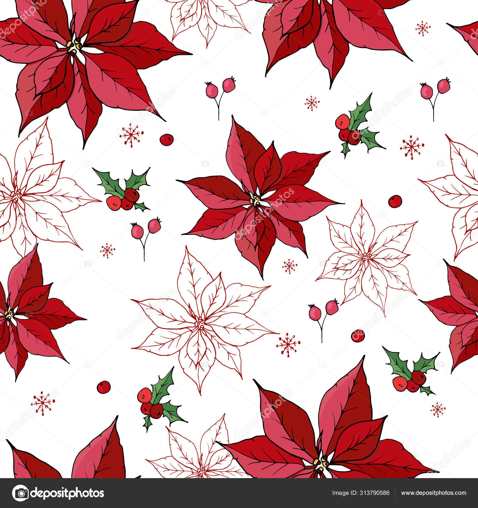 Poinsettia Red Hand-Drawn Holiday Wrapping Paper