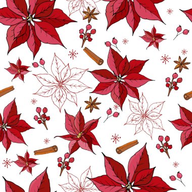 Noel Kış Poinsettia Çiçekleri Kusursuz Arkaplan. Vektör içinde el çizimi karalama biçimi çiçek deseni.