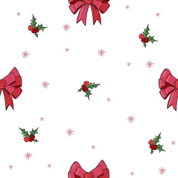 Boże Narodzenie Zima związany łuk Bezszwowe tło. Ręcznie rysowane doodle stylu Holly i łuk w wektorze. — Wektor stockowy