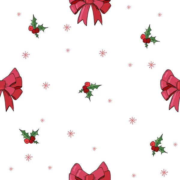 Invierno de Navidad lazo sin costuras Fondo. Estilo garabato dibujado a mano acebo y arco en el vector . — Vector de stock