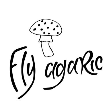 Beyaz arka plan, siyah mürekkep, vektör illüstrasyon, el çizim izole agaric mantar sinek. Sonbahar tasarımı.