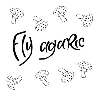 Beyaz arka plan, siyah mürekkep, vektör illüstrasyon, el çizim izole agaric mantar sinek. Sonbahar tasarımı.