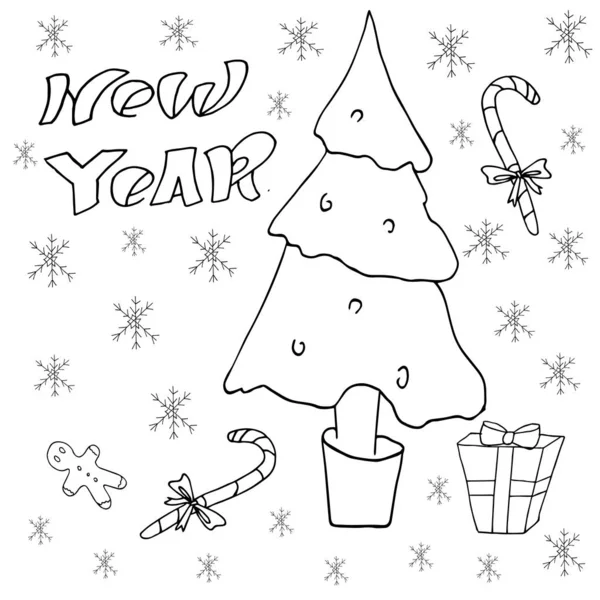 Noel ağacı, şimdiki zaman. Tatil beyaz arka plan. Siyah mürekkep. Mutlu Noeller ve Mutlu Yıllar. Illüstrasyon. Güzel bir kart. Vektör.