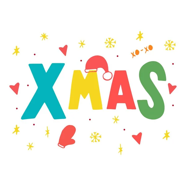 Kar taneleri, hart, Santa şapka, eller ile kış manzara ile Xmas arka plan Noel Tipografik . Mutlu Noel kartı. Vektör renk İllüstrasyon. Kırmızı mürekkep.