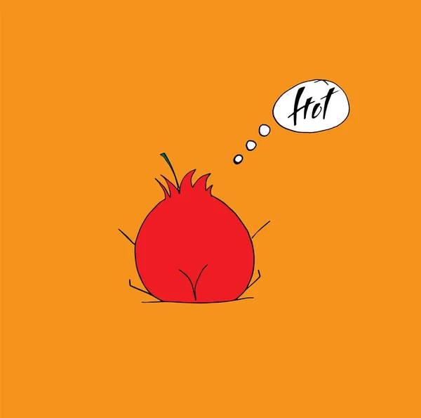 Olgun komik domates kum üzerinde oturan. El çizim vektör illüstrasyon. Meyve suyu etiket tasarımı