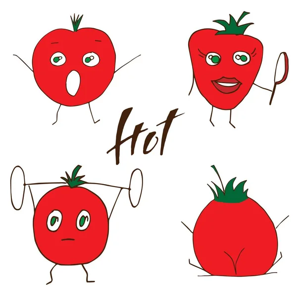 Olgun komik domates seti, el çizim Vektör illüstrasyon. Meyve suyu etiketi tasarımı. Küçük resim.