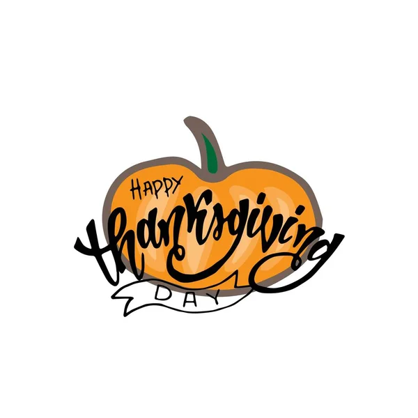 El balkabağı ile Happy Thanksgiving tipografi yazı afiş çizilmiş . Kartpostal, simge, logo, rozet için beyaz arka plan üzerinde Kutlama alıntı. Siyah mürekkep.