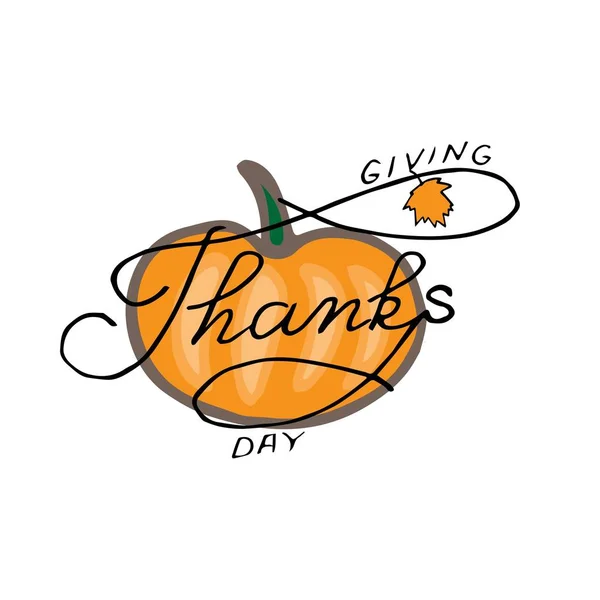 El balkabağı ile Happy Thanksgiving tipografi yazı afiş çizilmiş . Kartpostal, simge, logo, rozet için beyaz arka plan üzerinde Kutlama alıntı. Siyah mürekkep.