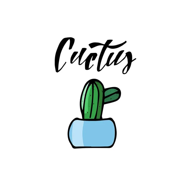 Beyaz arka plan üzerinde düz bir tarzda Kaktüs simgesi. Saksıda ev bitkikak. Yazı kompozisyonu.